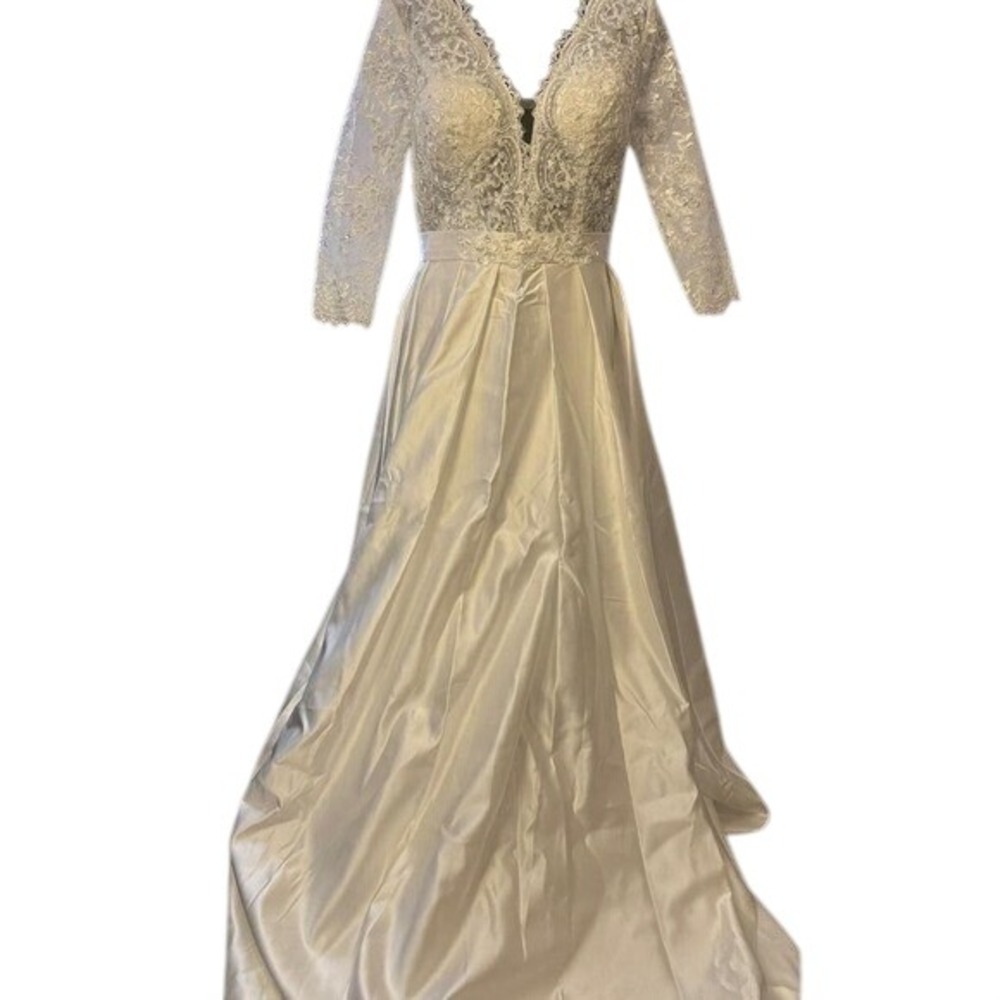 White Lace Long Sleeve A-Line Wedding Dress Satin Skirt V-Neck Bridal Gown Sz 12